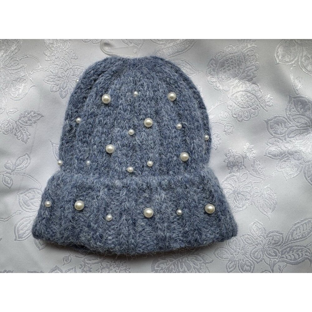 Natasha Blue Knit Cuffed Beanie Faux Pearl Embellishments Nordstrom NEW